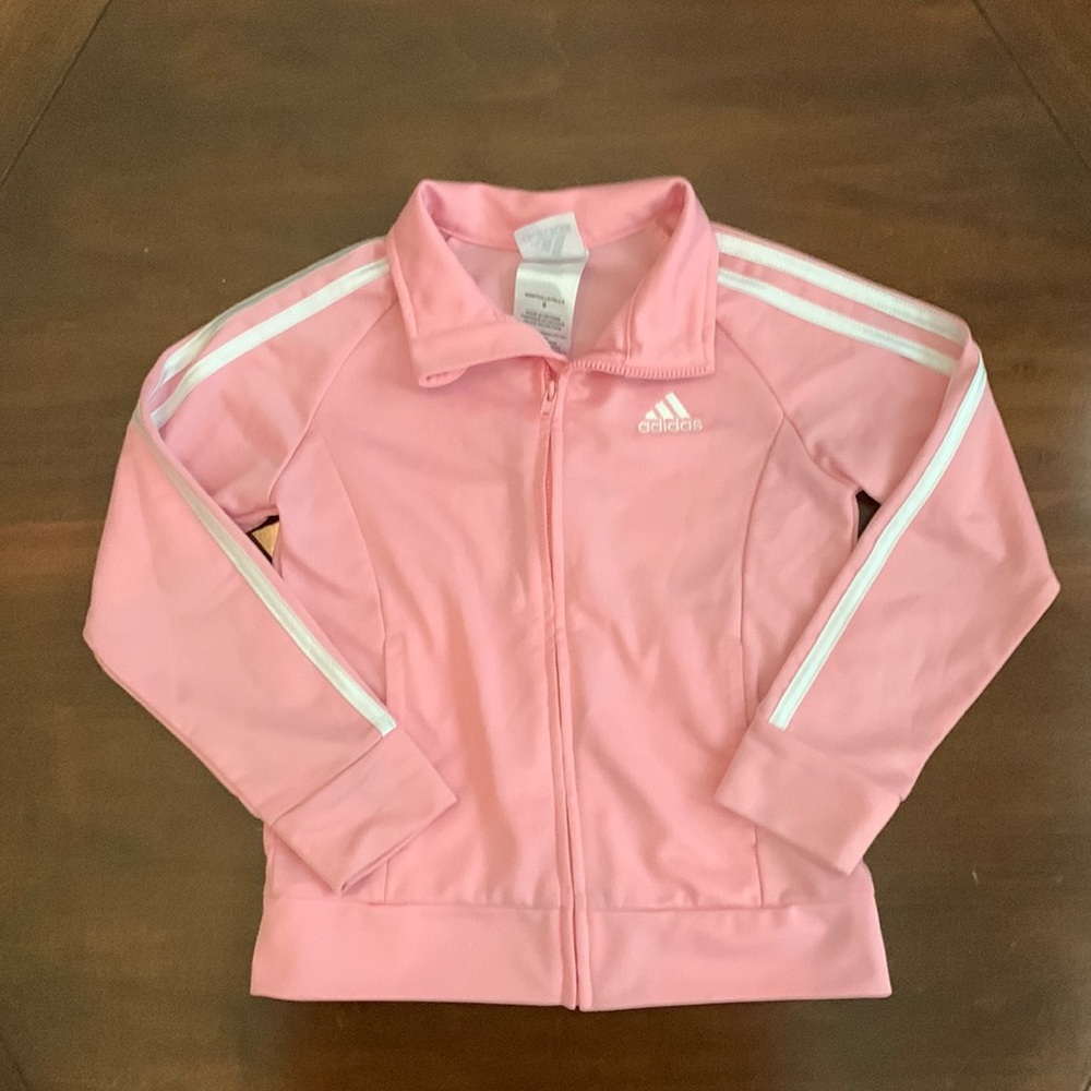 Adidas Pink and White Track Jacket 3 Stripe Zip Front Track Jacket Girls Size 5